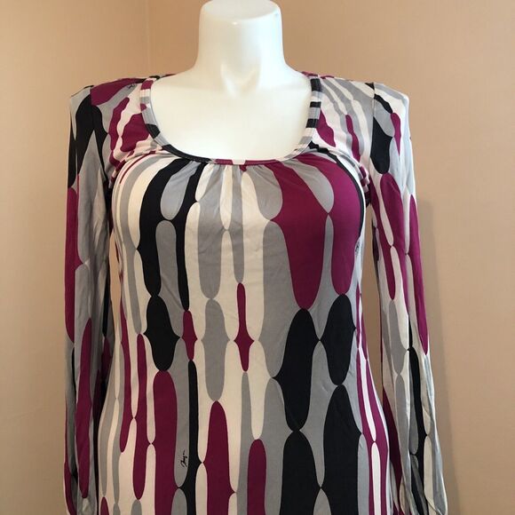 Trina Turk Purple Black Geometric Silk Mini Dress Bodycon Long Sleeve Size 6 - Picture 2 of 7